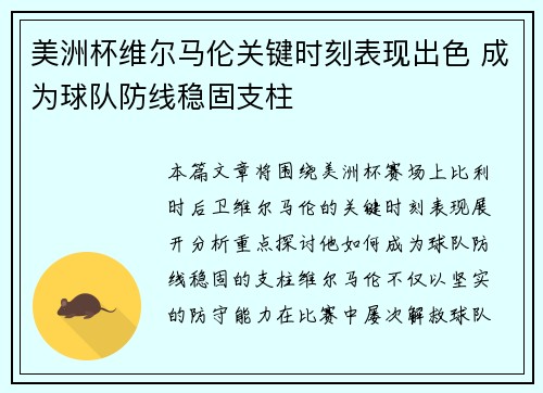 美洲杯维尔马伦关键时刻表现出色 成为球队防线稳固支柱