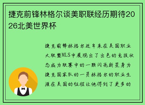 捷克前锋林格尔谈美职联经历期待2026北美世界杯 捷克前锋林格尔谈美职联经历期待2026北美世界杯