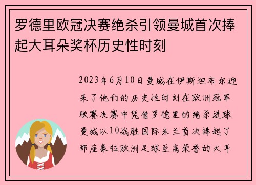 罗德里欧冠决赛绝杀引领曼城首次捧起大耳朵奖杯历史性时刻