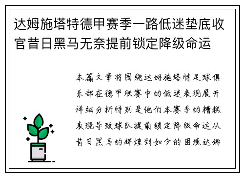 达姆施塔特德甲赛季一路低迷垫底收官昔日黑马无奈提前锁定降级命运