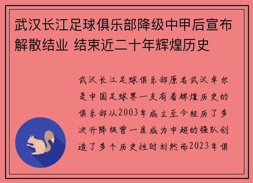 武汉长江足球俱乐部降级中甲后宣布解散结业 结束近二十年辉煌历史